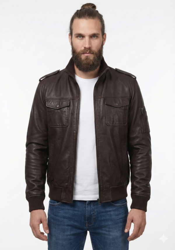 Men's Brown Genuine Leather Bomber Jacket