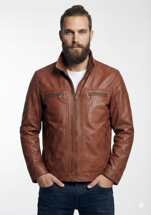 Men's Cognac Brown Genuine Leather Moto Biker Jacket