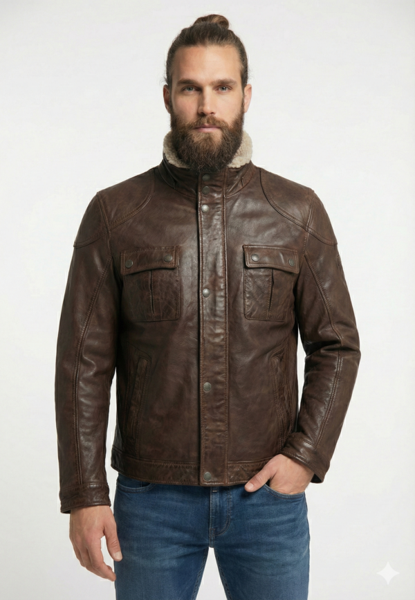 Men's Brown Leather Jacket with Sherpa Collar