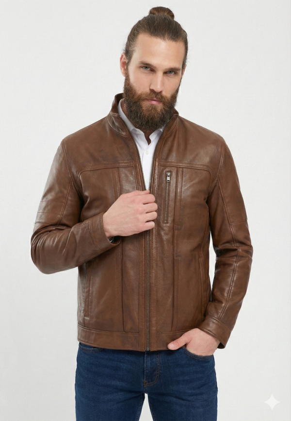 Men's Brown Genuine Leather Racer Jacket